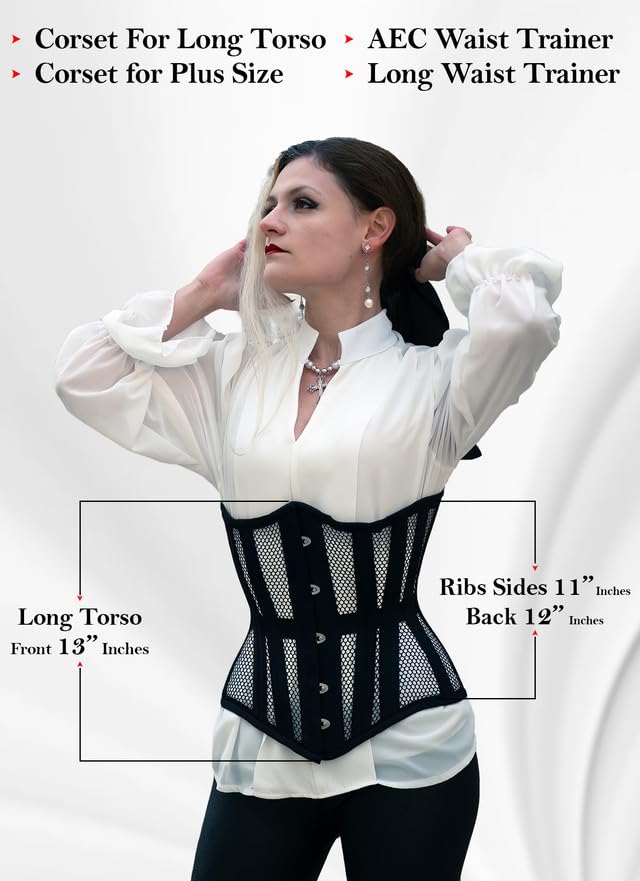 SLIMX Black Corset Underbust Long Torso Steel Boned Waist Trainer for Women Plus Size Heavy Duty Open Cup Corset Hourglass