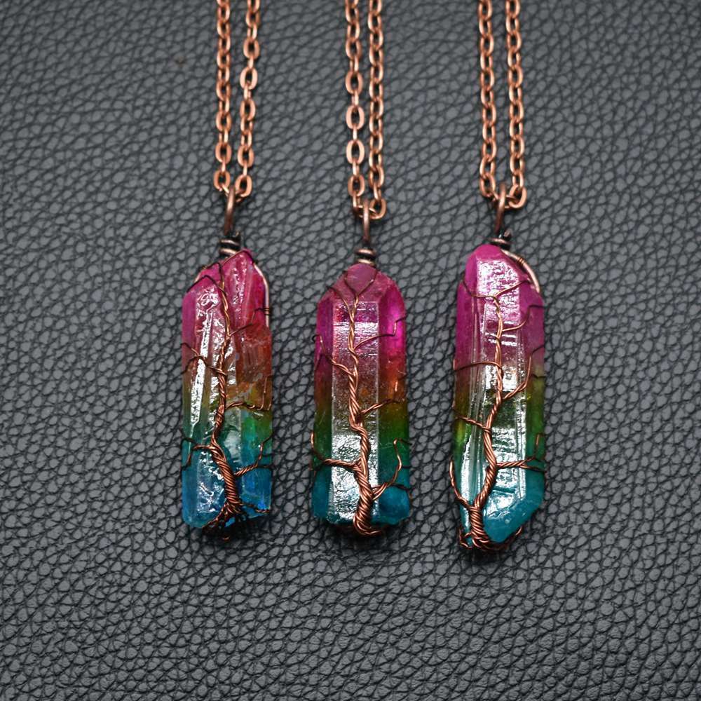 Hot Selling Stone Crystal Pillar Tree Of Life Pendant In Fashion Necklace