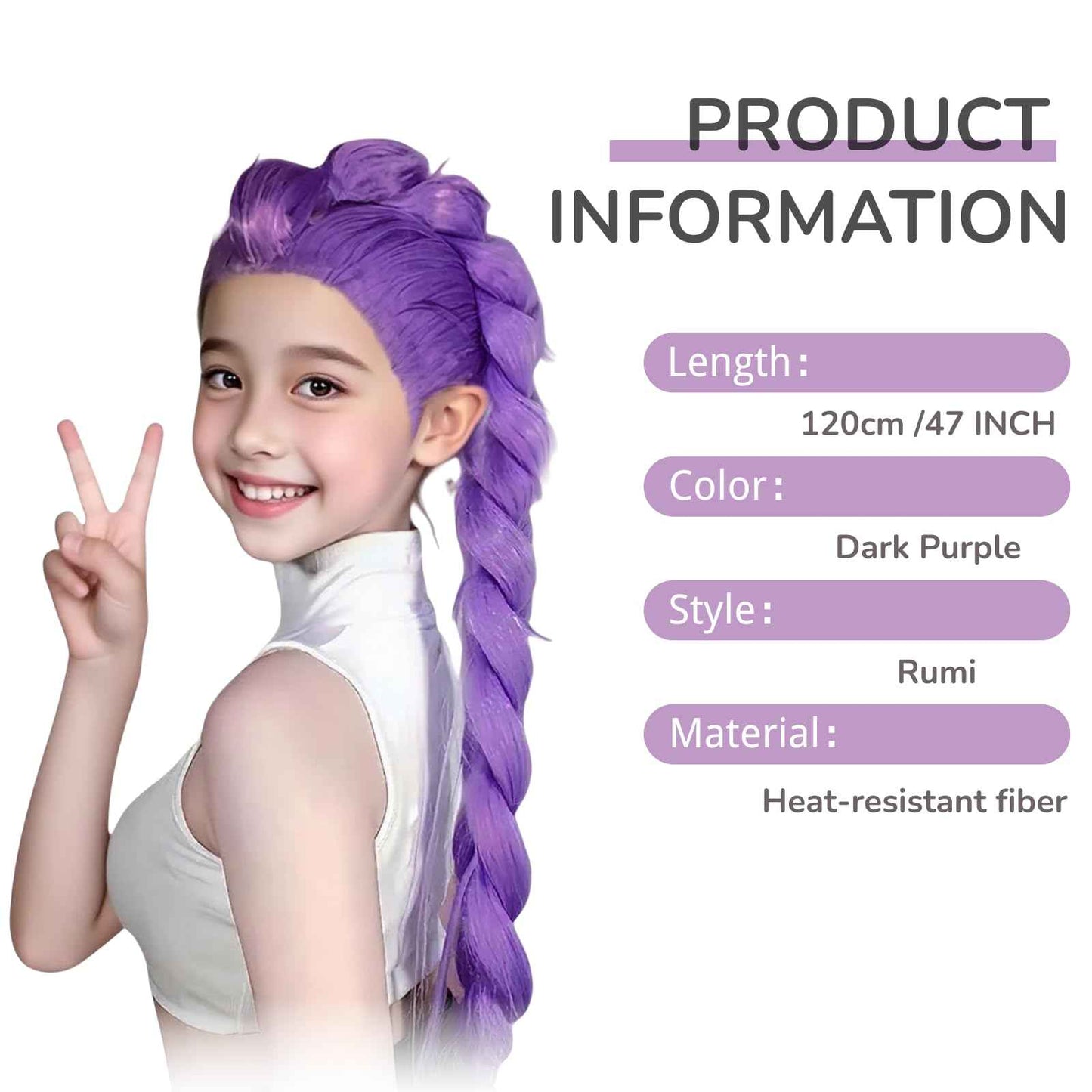 Snugeasy Rumi Costume Kids Wig Cosplay, Anime Mira Zoey Costume Wigs for Women Men, Purple Braid Wig Outfit Hair Halloween Cosplay Props