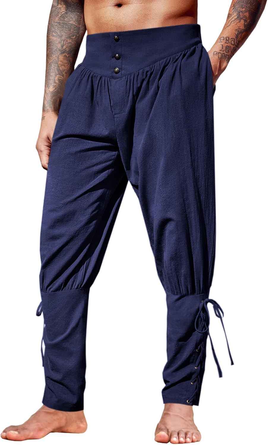Runcati Mens Medieval Ankle Pants Renaissance Viking Pirate Lace Up Tapered Halloween Linen Costume Trousers