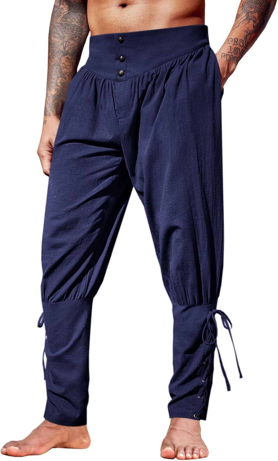 Runcati Mens Medieval Ankle Pants Renaissance Viking Pirate Lace Up Tapered Halloween Linen Costume Trousers