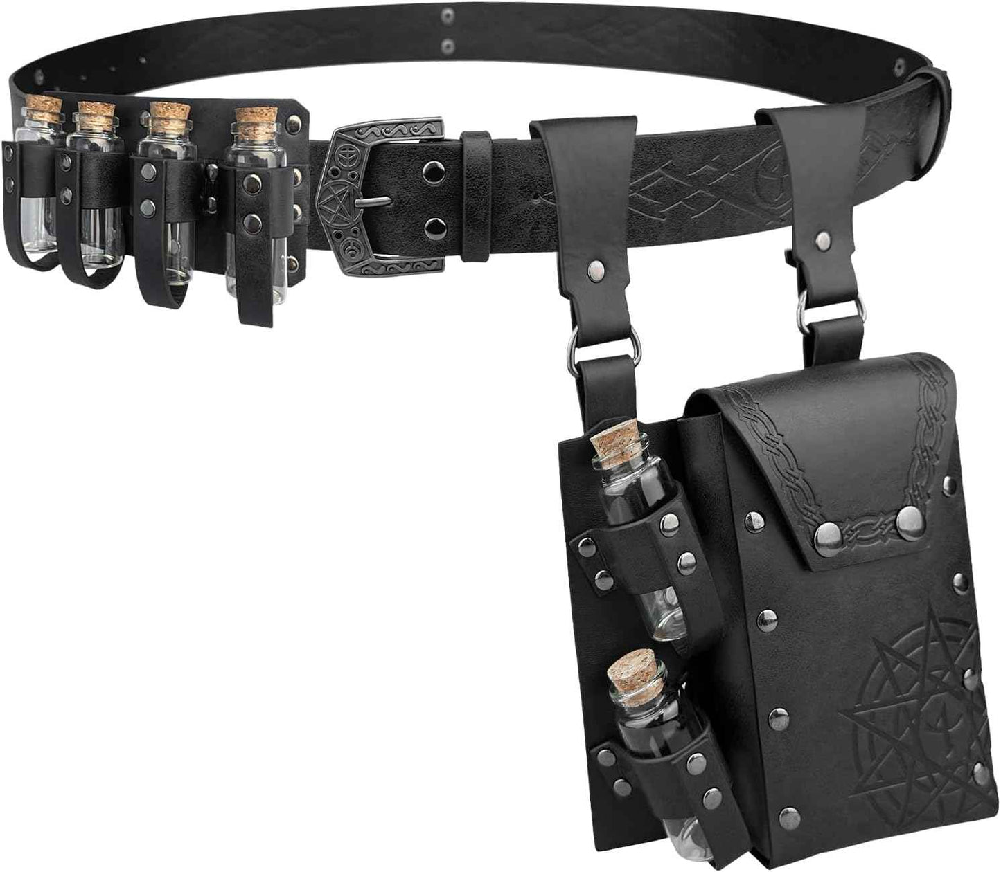 Medieval Alchemy Belt Waist Pack Combo with Multiple Potion Bottles, Viking Rivet Belt Side Pouch for Cosplay