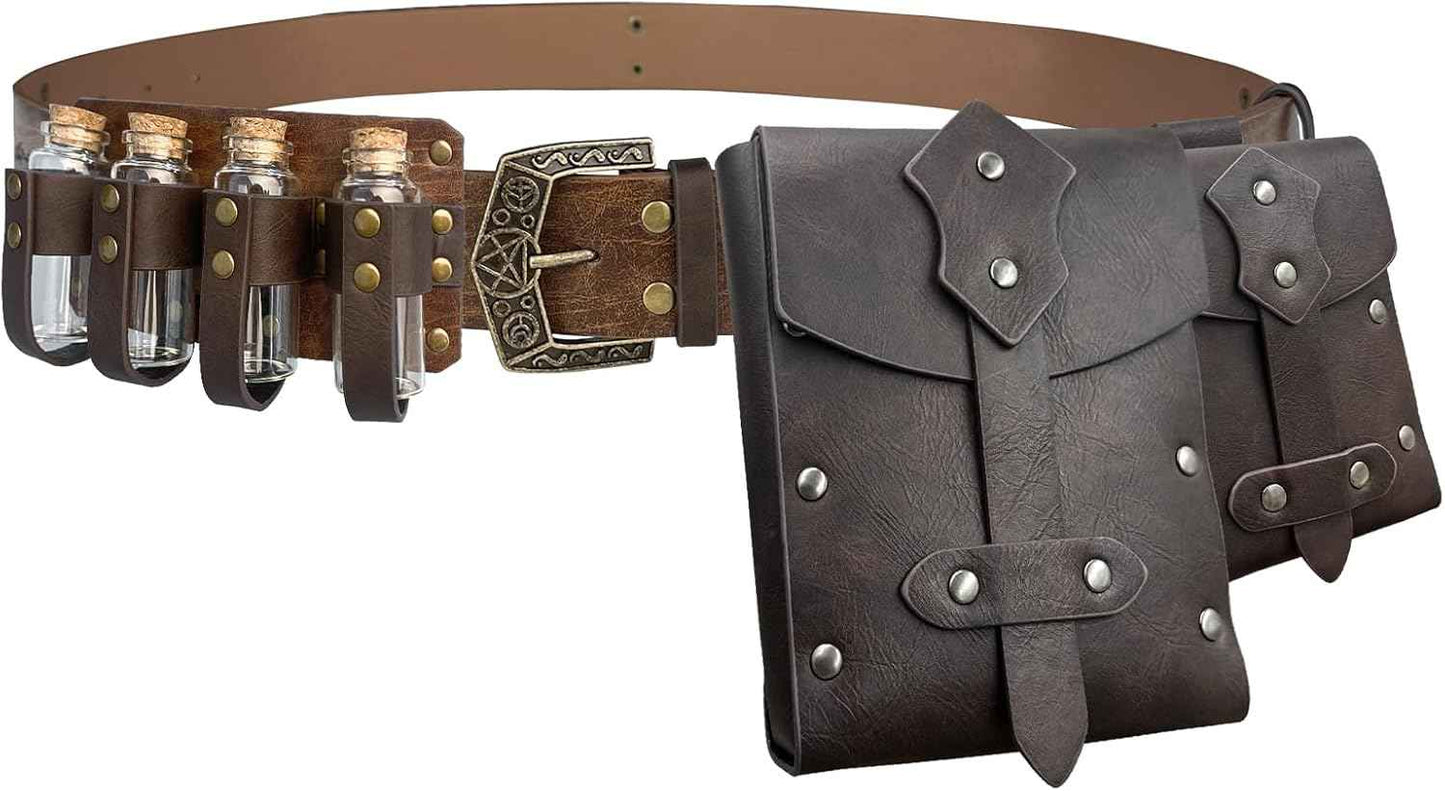 Medieval Alchemy Belt Waist Pack Combo with Multiple Potion Bottles, Viking Rivet Belt Side Pouch for Cosplay