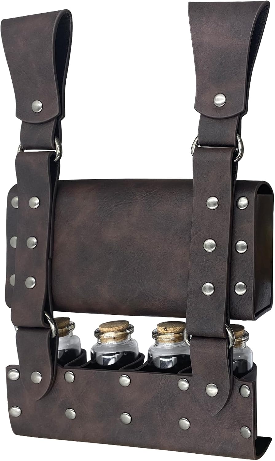 HiiFeuer Medieval Alchemy Faux Leather Belt Bag with 4 Cork Potion Vials, Fantasy Wizard Waist Pouch Side Pack for Ren Faire (Light Brown A)