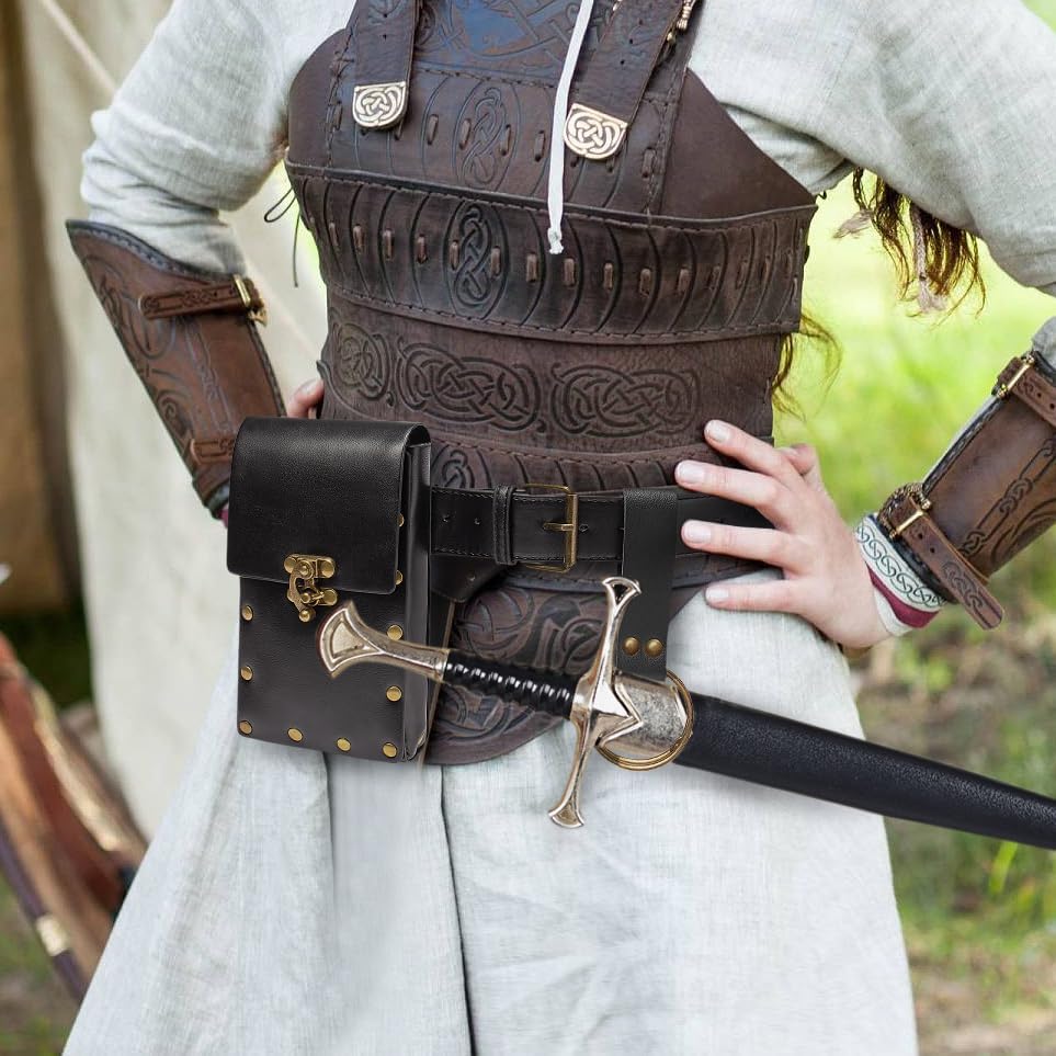 Belt Pouch Waist Bag Fanny Pack Steampunk Phone Holder Medieval Bag Leather Belt Renaissance Cosplay Costume Accessories (Tri-Black)