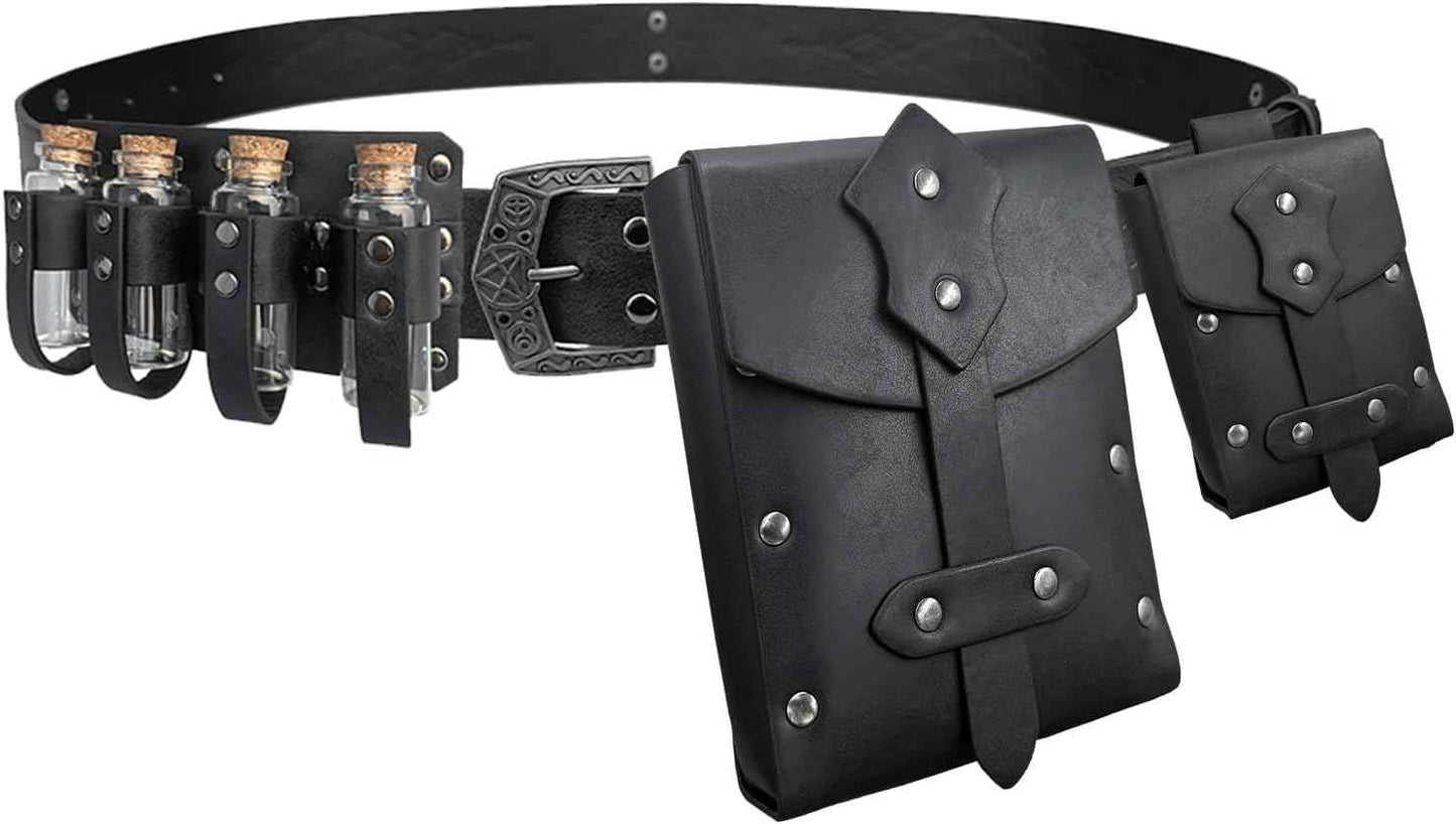 Medieval Alchemy Belt Waist Pack Combo with Multiple Potion Bottles, Viking Rivet Belt Side Pouch for Cosplay