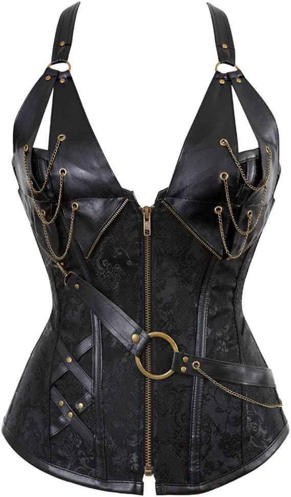 Kranchungel Corsets for Women Plus Size Faux Leather Steampunk Corset Top Zipper Bustier