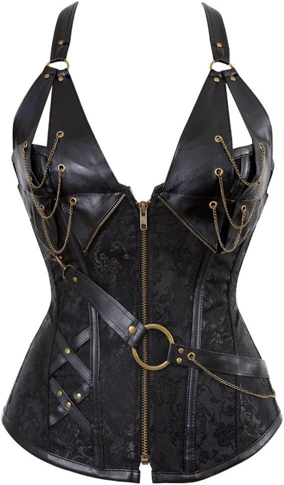 Kranchungel Corsets for Women Plus Size Faux Leather Steampunk Corset Top Zipper Bustier