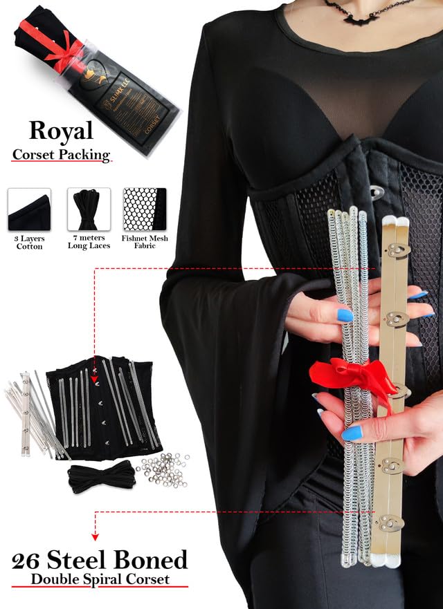 SLIMX Black Corset Underbust Long Torso Steel Boned Waist Trainer for Women Plus Size Heavy Duty Open Cup Corset Hourglass