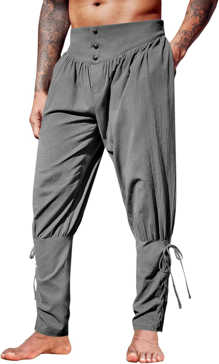 Runcati Mens Medieval Ankle Pants Renaissance Viking Pirate Lace Up Tapered Halloween Linen Costume Trousers