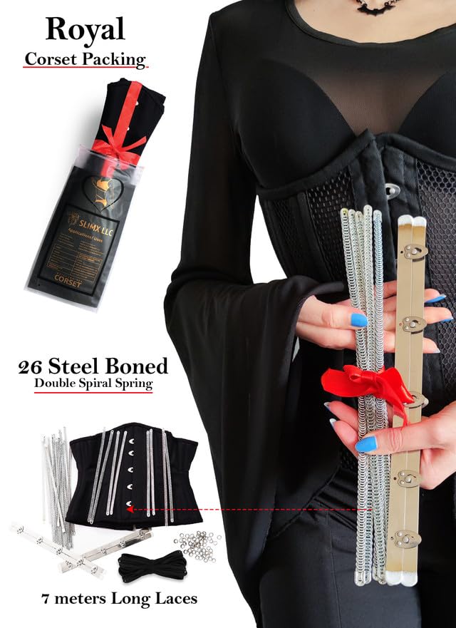 SLIMX Black Corset Underbust Long Torso Steel Boned Waist Trainer for Women Plus Size Heavy Duty Open Cup Corset Hourglass