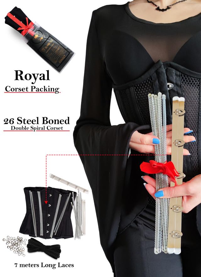SLIMX Black Corset Underbust Long Torso Steel Boned Waist Trainer for Women Plus Size Heavy Duty Open Cup Corset Hourglass