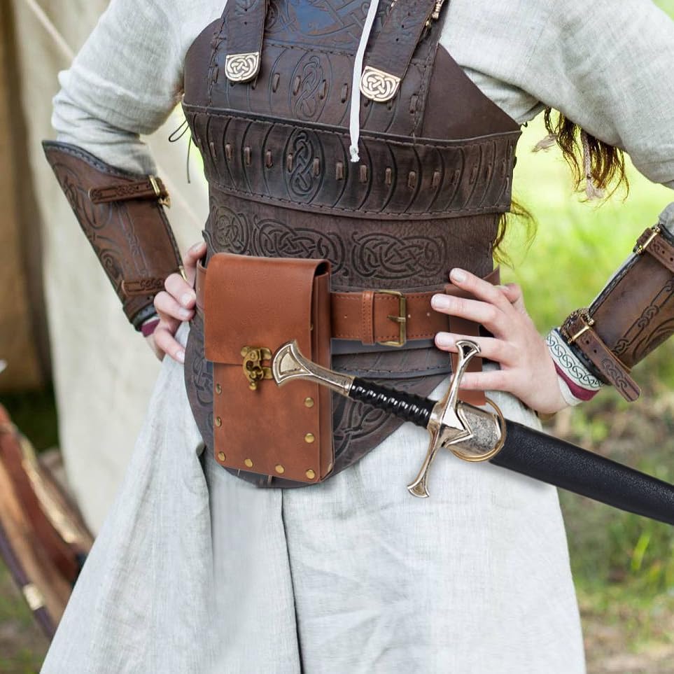 Belt Pouch Waist Bag Fanny Pack Steampunk Phone Holder Medieval Bag Leather Belt Renaissance Cosplay Costume Accessories (Tri-Black)