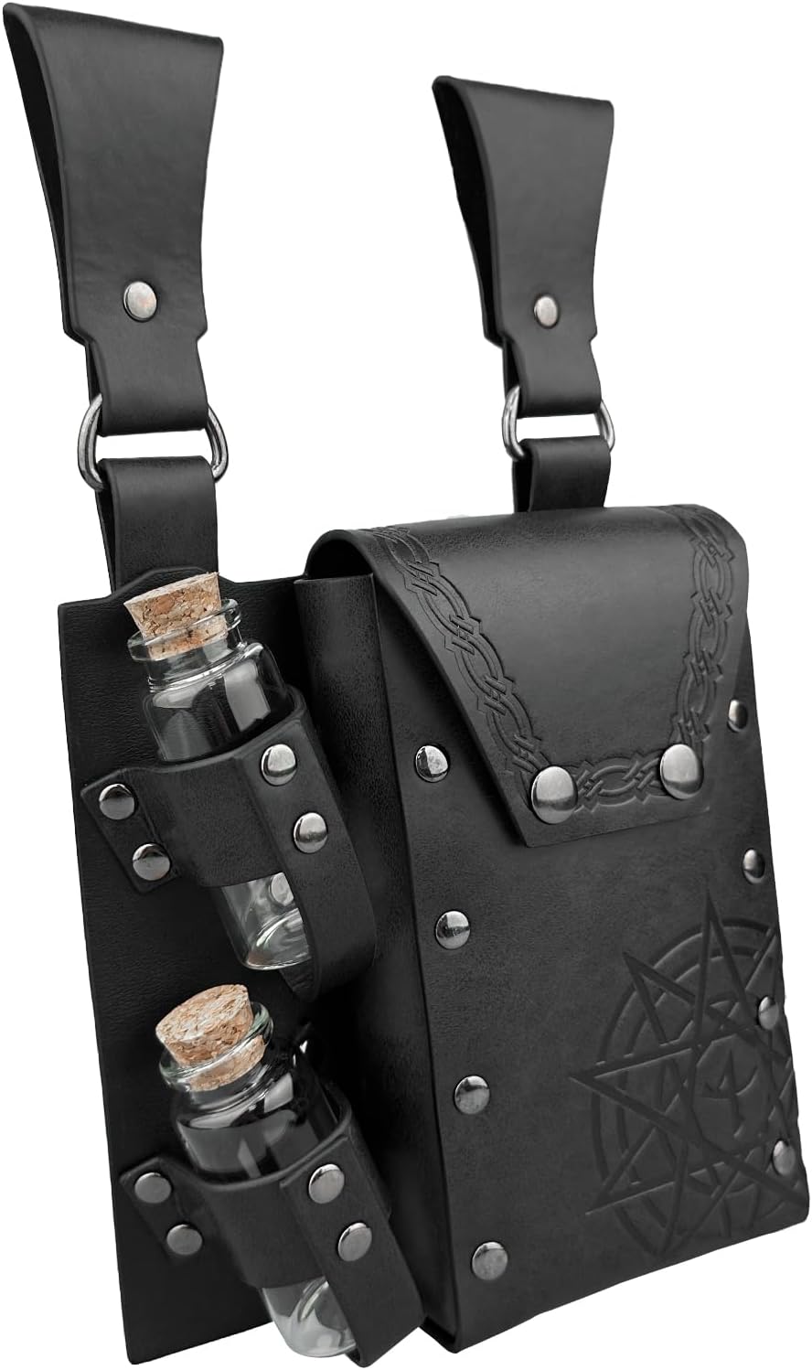 HiiFeuer Medieval Alchemy Faux Leather Belt Bag with 4 Cork Potion Vials, Fantasy Wizard Waist Pouch Side Pack for Ren Faire (Light Brown A)