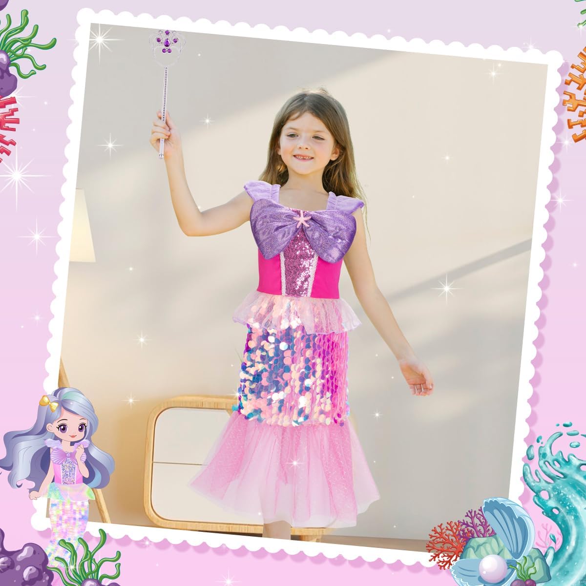 Meland Mermaid Dress - Little Mermaid Costume with Bag for Girls 3-10, Princess Dress Up for Birthday Gift, Halloween Costume
