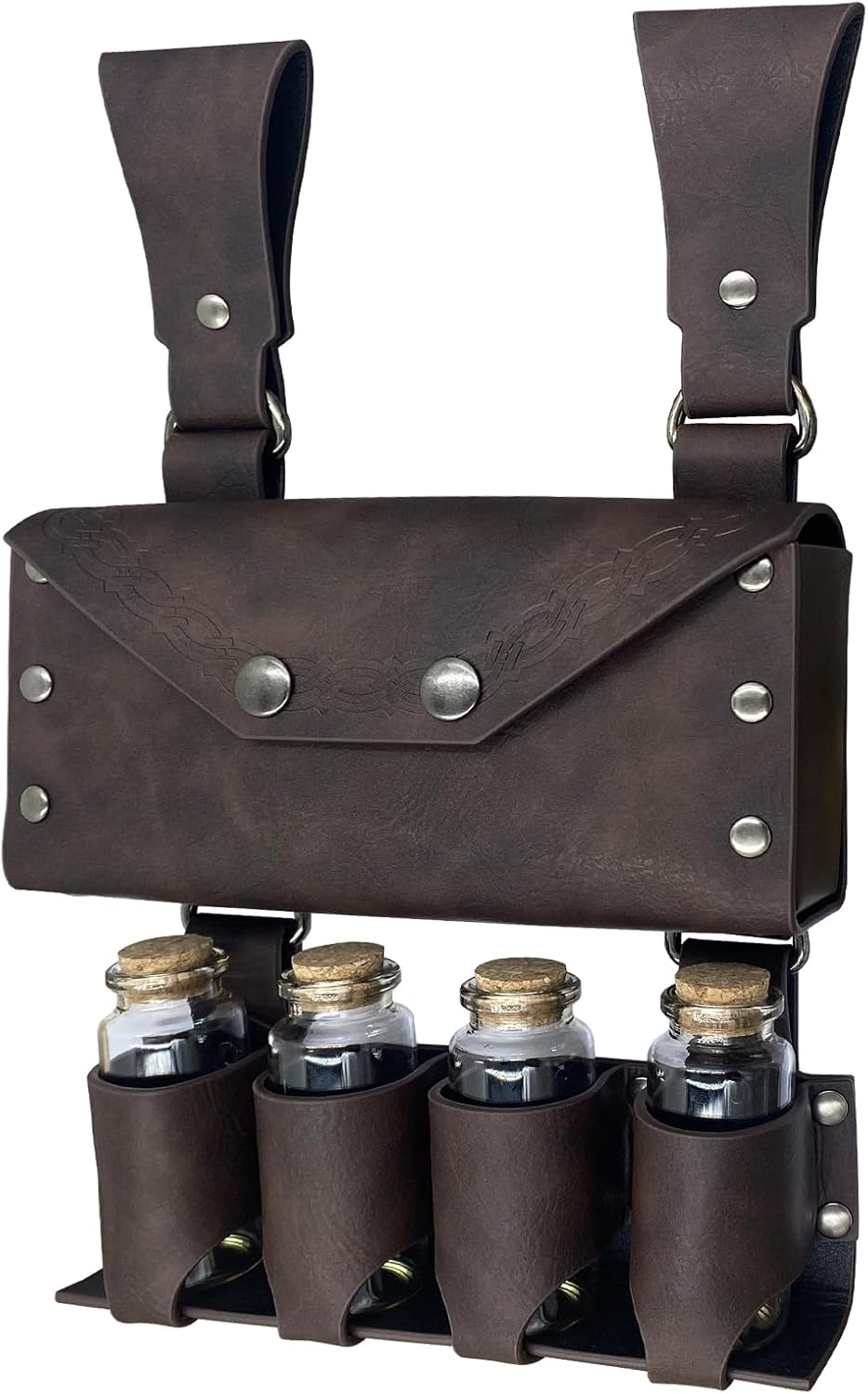 HiiFeuer Medieval Alchemy Faux Leather Belt Bag with 4 Cork Potion Vials, Fantasy Wizard Waist Pouch Side Pack for Ren Faire (Light Brown A)