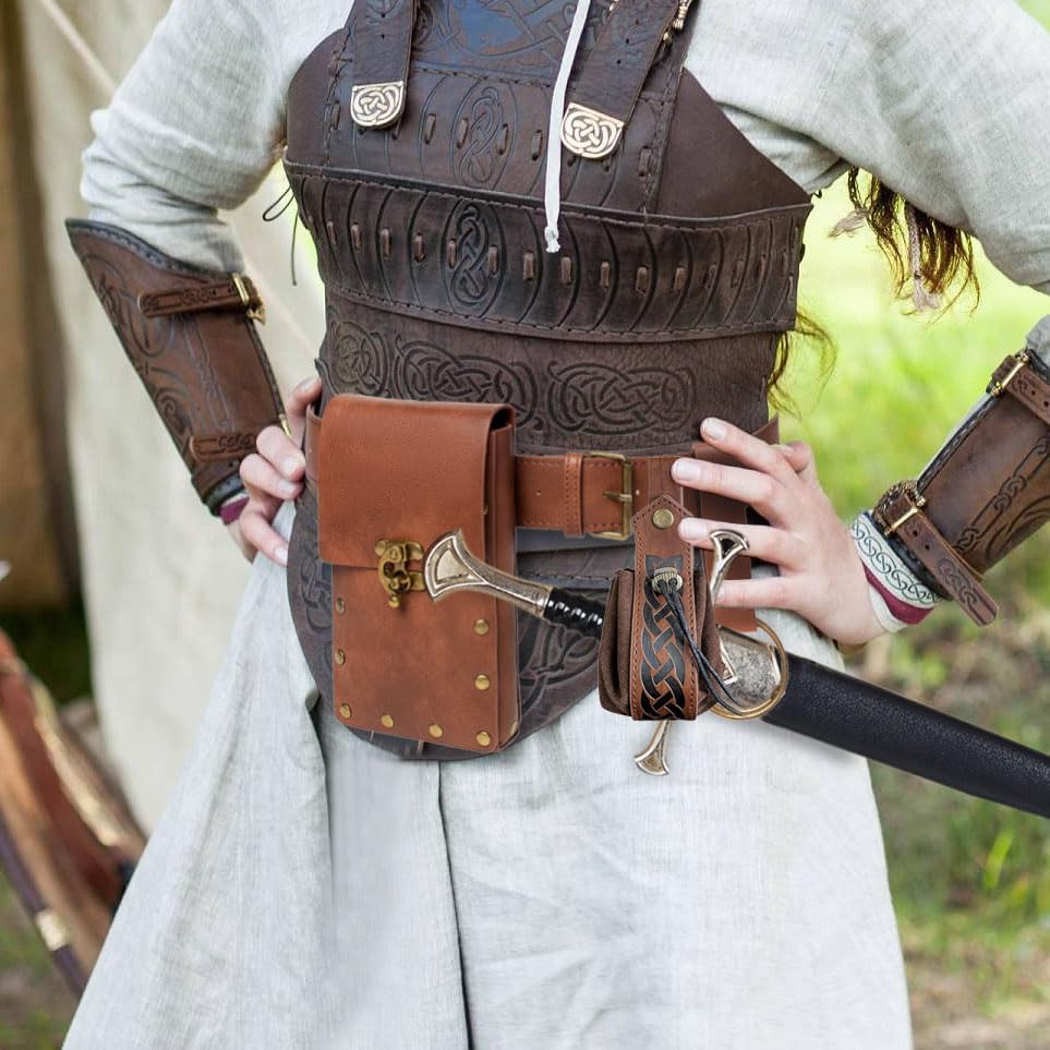 Belt Pouch Waist Bag Fanny Pack Steampunk Phone Holder Medieval Bag Leather Belt Renaissance Cosplay Costume Accessories (Tri-Black)