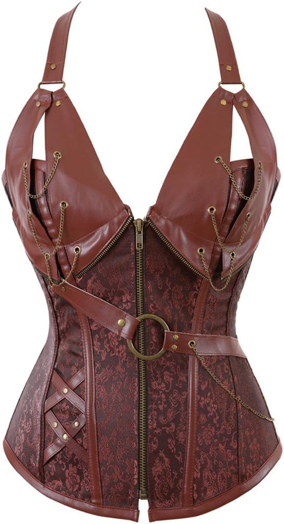 Kranchungel Corsets for Women Plus Size Faux Leather Steampunk Corset Top Zipper Bustier