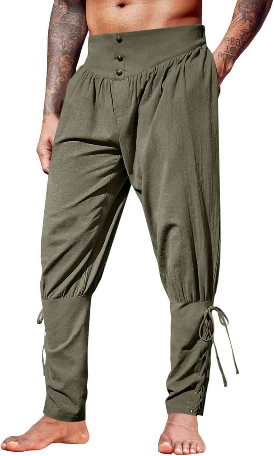 Runcati Mens Medieval Ankle Pants Renaissance Viking Pirate Lace Up Tapered Halloween Linen Costume Trousers