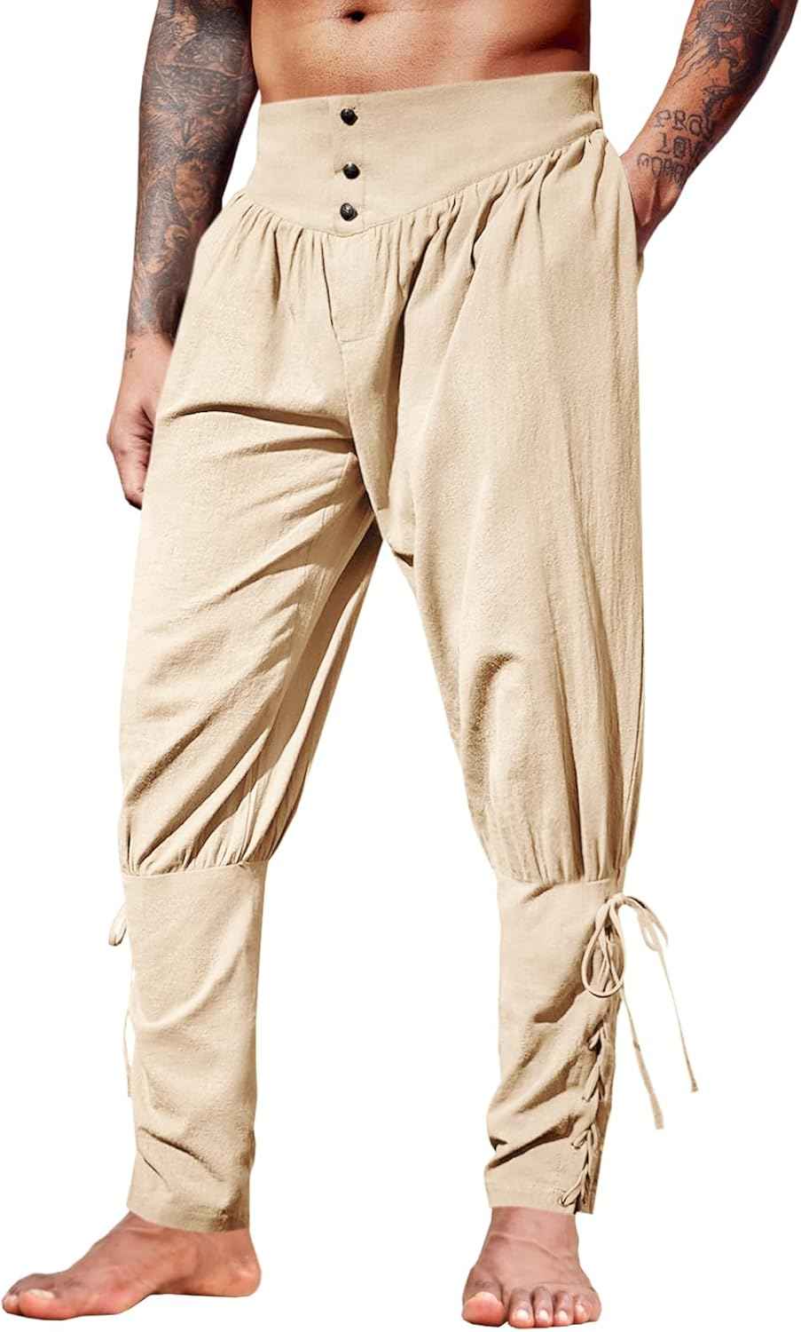 Runcati Mens Medieval Ankle Pants Renaissance Viking Pirate Lace Up Tapered Halloween Linen Costume Trousers
