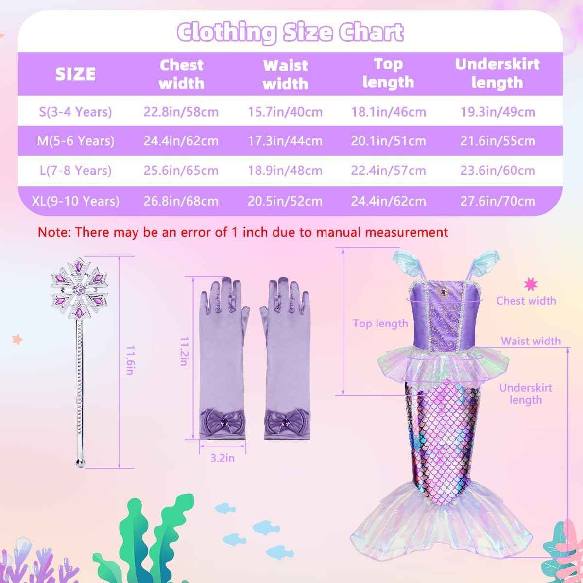 Meland Mermaid Dress - Little Mermaid Costume with Bag for Girls 3-10, Princess Dress Up for Birthday Gift, Halloween Costume