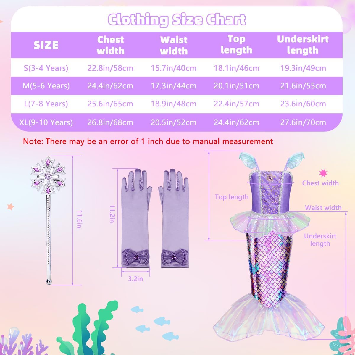 Meland Mermaid Dress - Little Mermaid Costume with Bag for Girls 3-10, Princess Dress Up for Birthday Gift, Halloween Costume