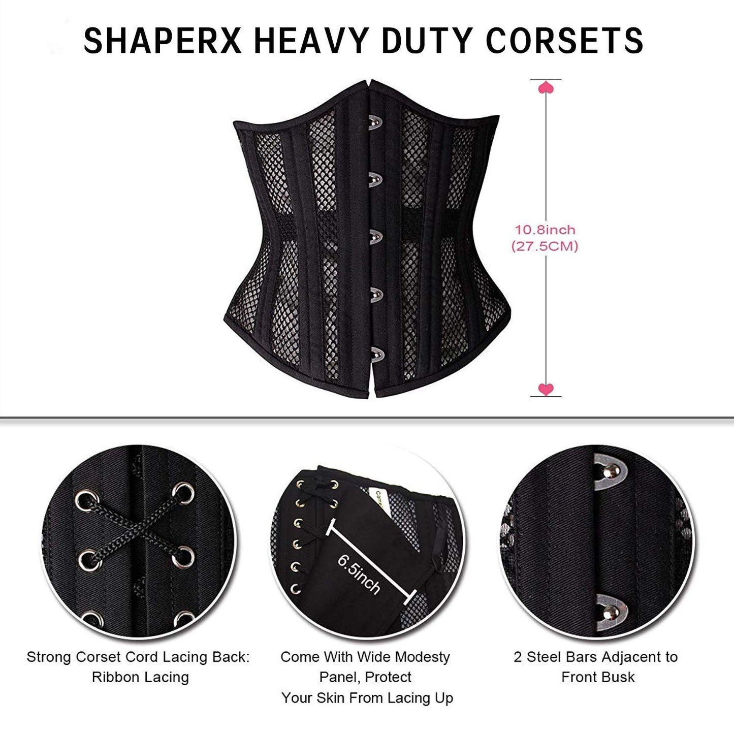 SHAPERX Women's Waist Training Corsets Underbust Heavy Duty 26 Steel Boned Hourglass Silhouette Body Shaper