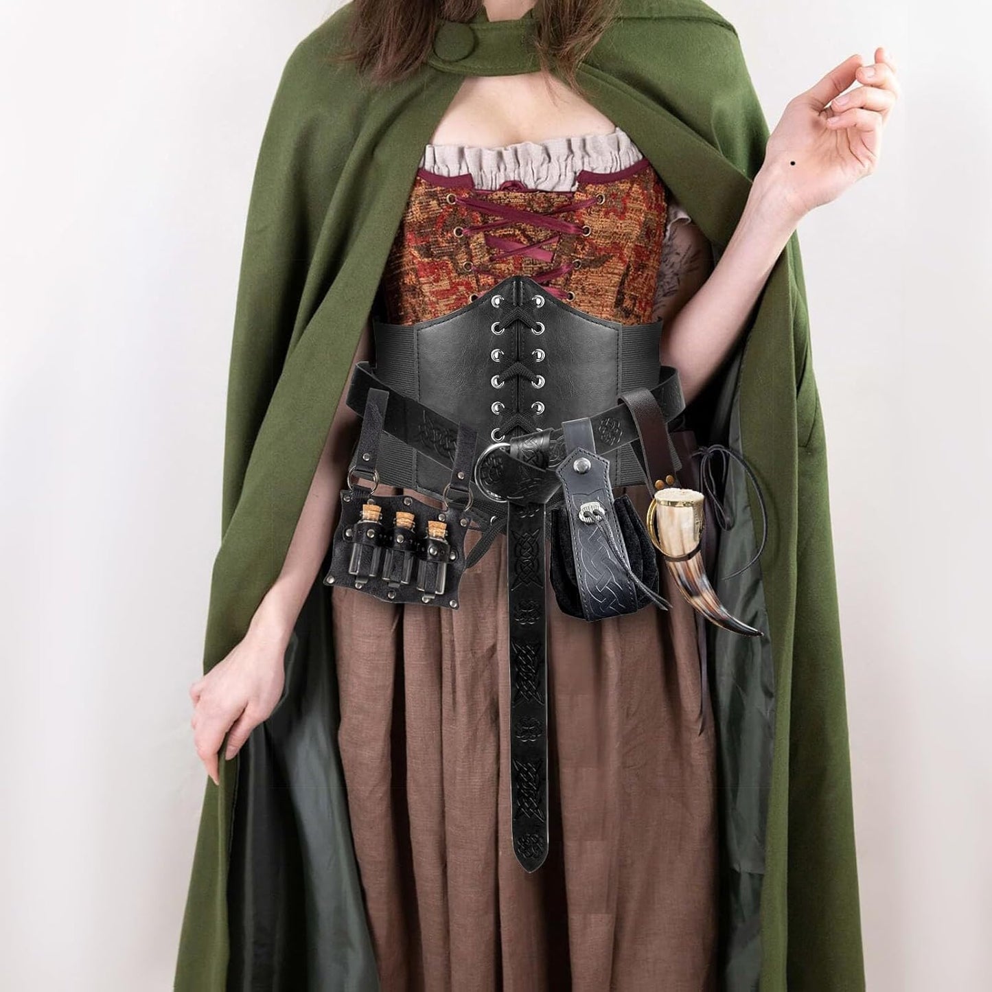 5PCS Renaissance Costume Sets Corset Waistband Belt Pouch Coin Purse Potion Bottle Vials Skirt Hike Medieval Cosplay