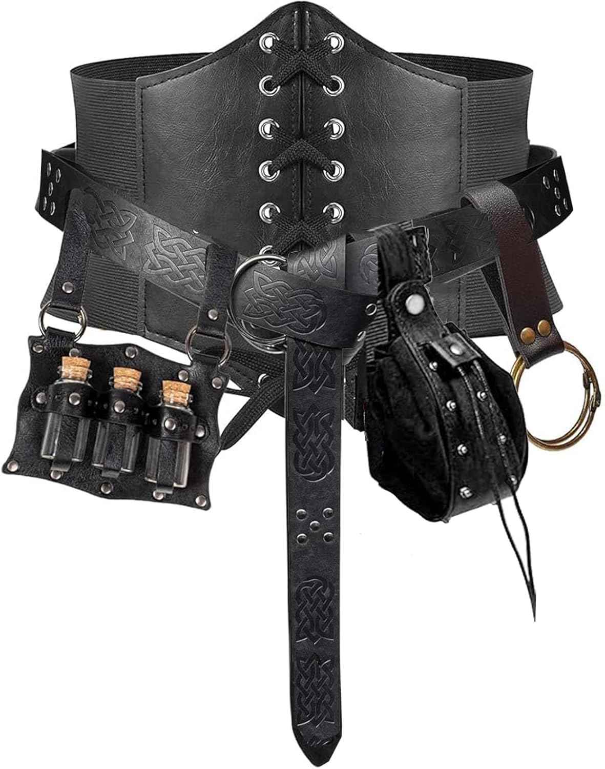 SUMGOGO 5PCS Renaissance Costume Corset Belt Pouch Potion Bottle Vila Sword Frog Hook Medieval Festival Halloween Accessory
