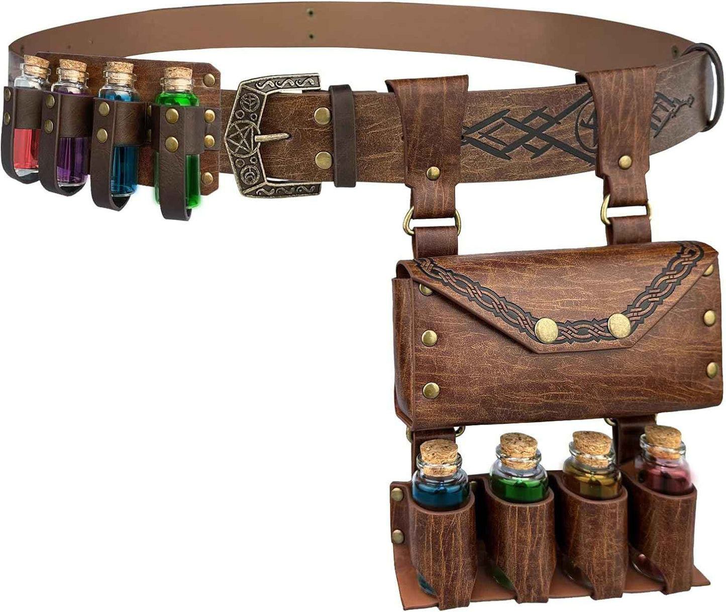 Medieval Alchemy Belt Waist Pack Combo with Multiple Potion Bottles, Viking Rivet Belt Side Pouch for Cosplay