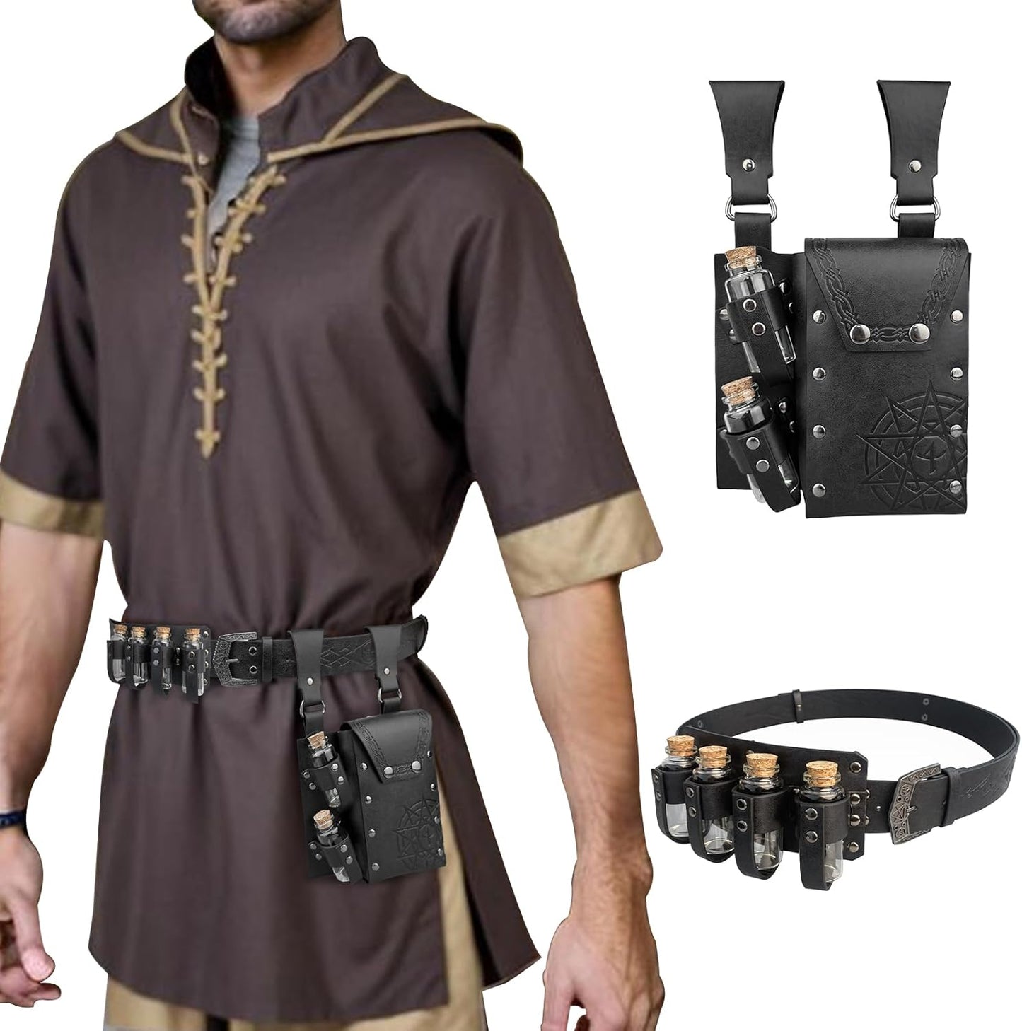 Medieval Alchemy Belt Waist Pack Combo with Multiple Potion Bottles, Viking Rivet Belt Side Pouch for Cosplay