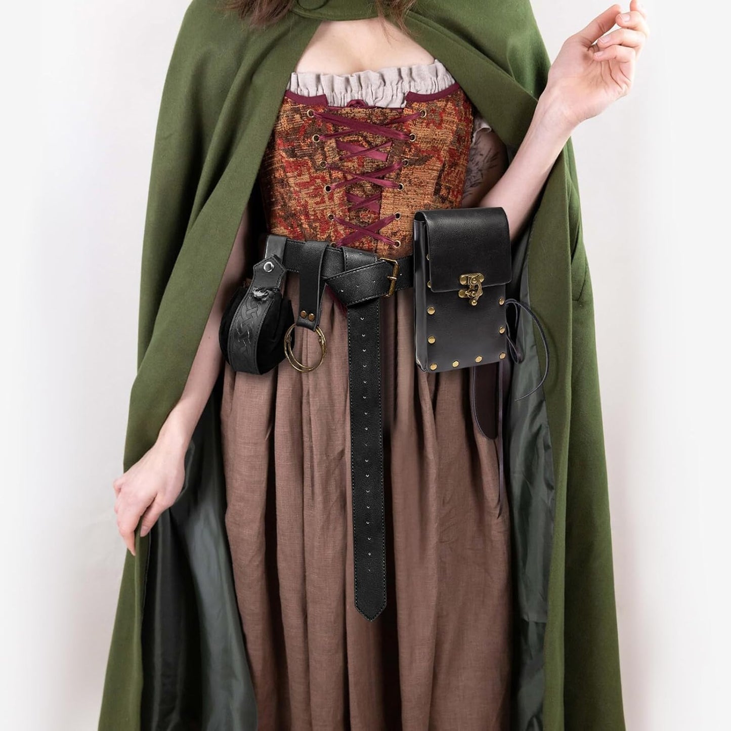 Belt Pouch Waist Bag Fanny Pack Steampunk Phone Holder Medieval Bag Leather Belt Renaissance Cosplay Costume Accessories (Tri-Black)