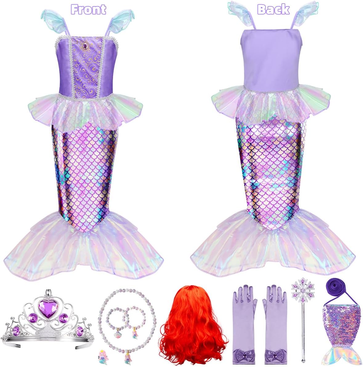 Meland Mermaid Dress - Little Mermaid Costume with Bag for Girls 3-10, Princess Dress Up for Birthday Gift, Halloween Costume