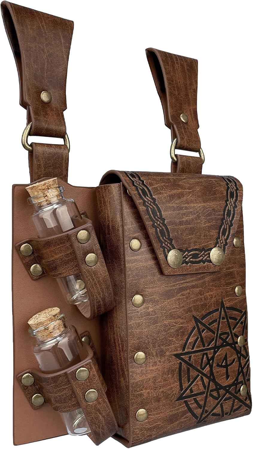 HiiFeuer Medieval Alchemy Faux Leather Belt Bag with 4 Cork Potion Vials, Fantasy Wizard Waist Pouch Side Pack for Ren Faire (Light Brown A)