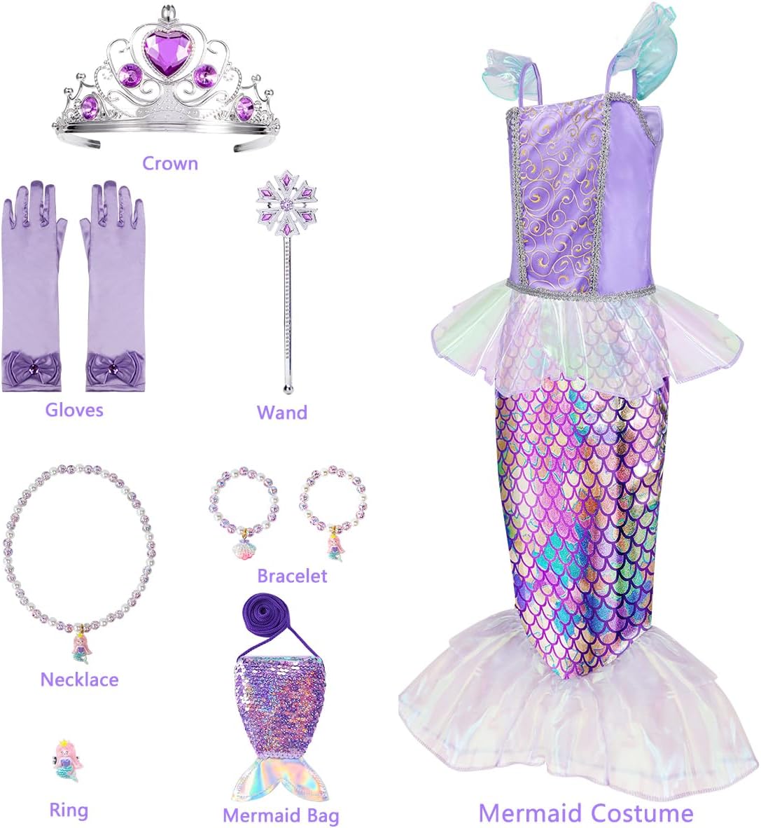 Meland Mermaid Dress - Little Mermaid Costume with Bag for Girls 3-10, Princess Dress Up for Birthday Gift, Halloween Costume