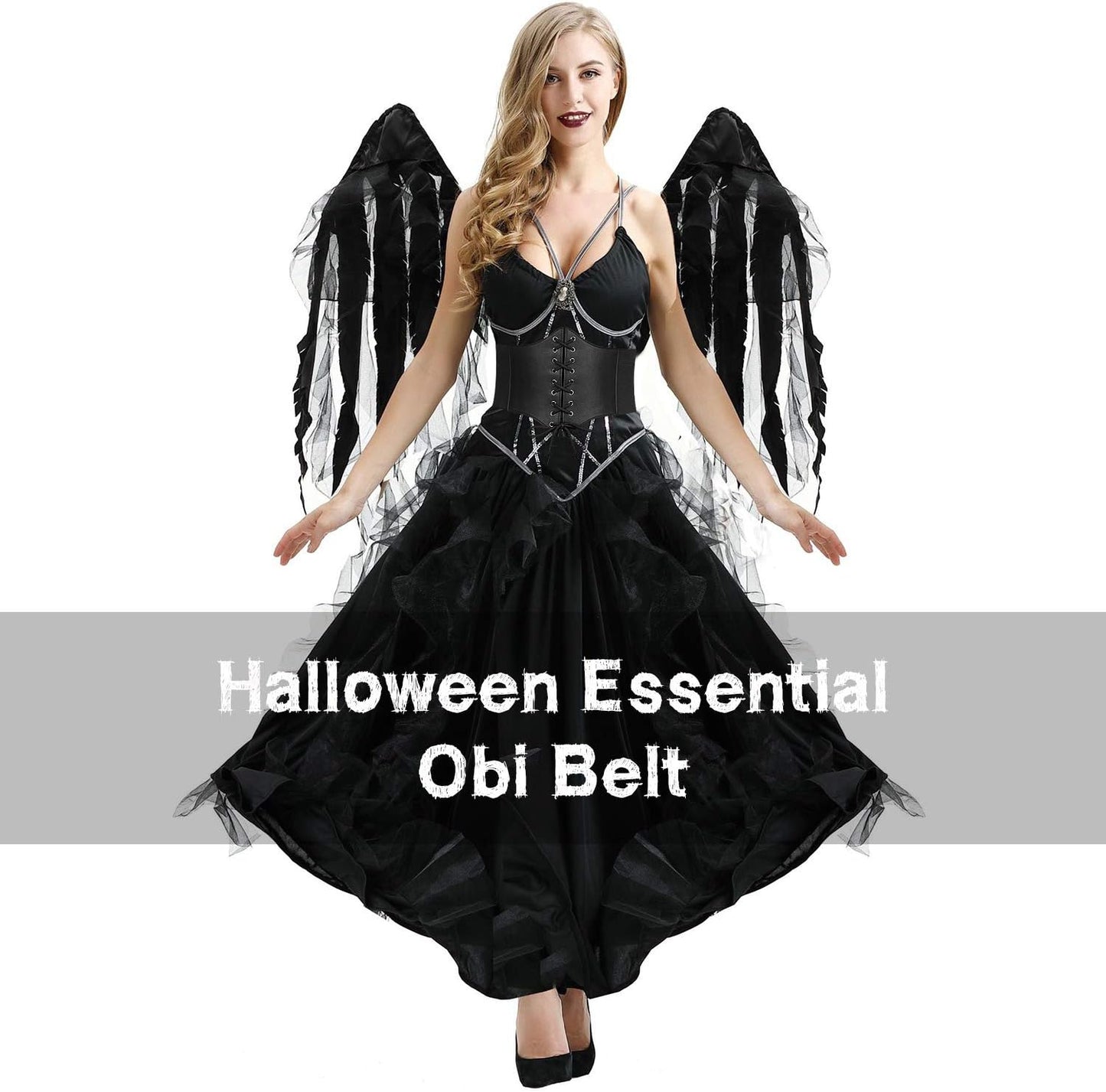 LEACOOLKEY Women Black Tied Waspie Belt, Lace-up Cinch Belt, Corset Elastic Waist Belt