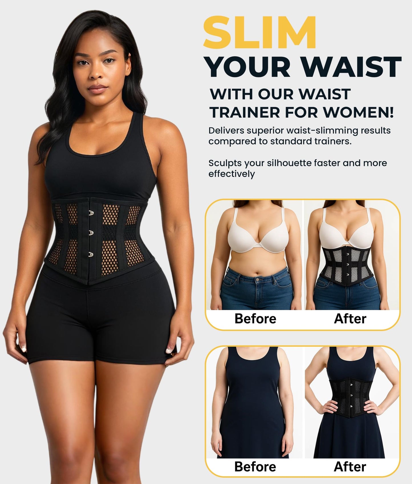 SLIMX Black Corset Underbust Long Torso Steel Boned Waist Trainer for Women Plus Size Heavy Duty Open Cup Corset Hourglass
