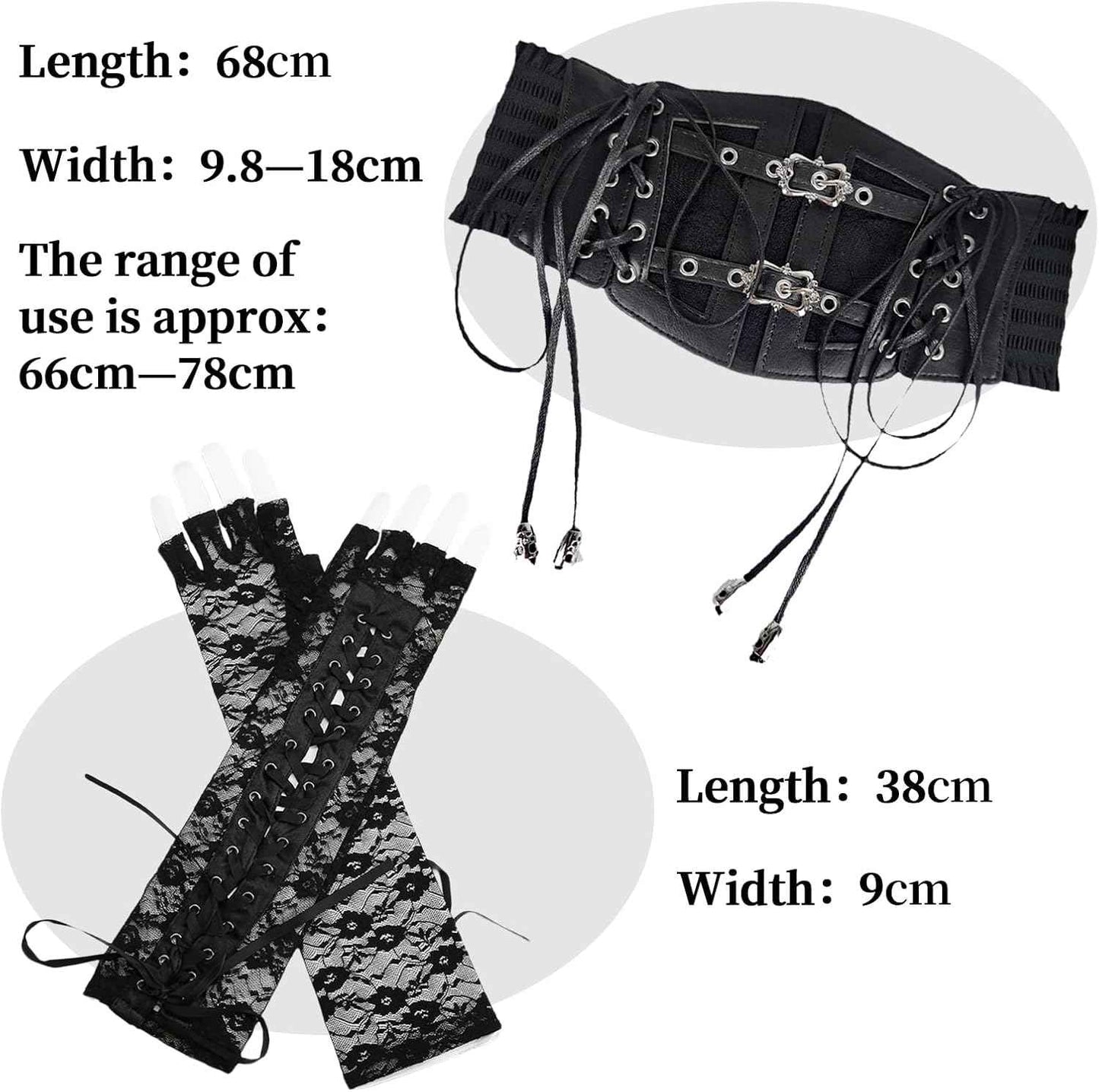 Renaissance Faire Black Elegant Women Lace Corset Length Sleeves Set, Dark Gothic Dress Up for Halloween Costume