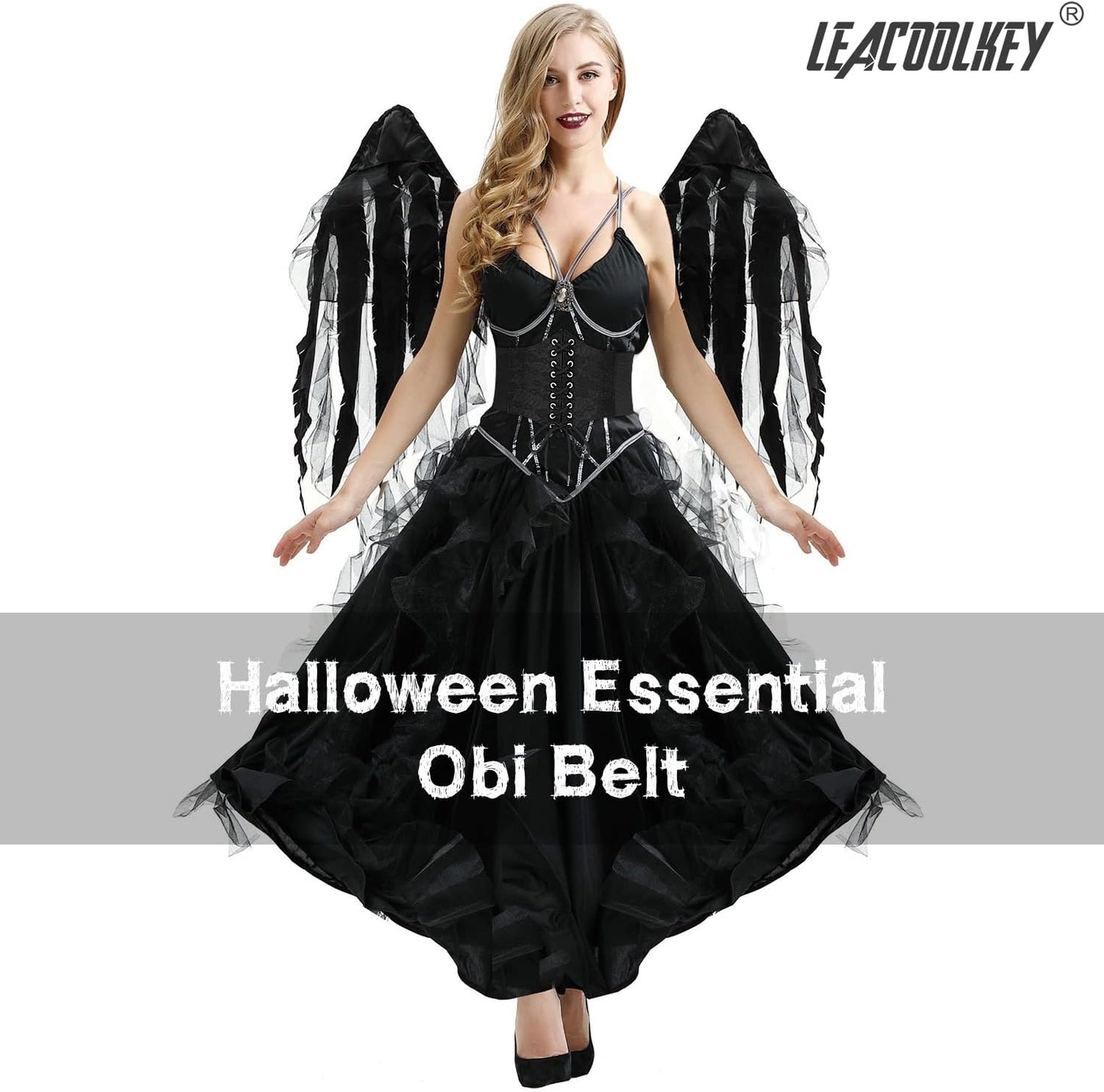 LEACOOLKEY Women Black Tied Waspie Belt, Lace-up Cinch Belt, Corset Elastic Waist Belt