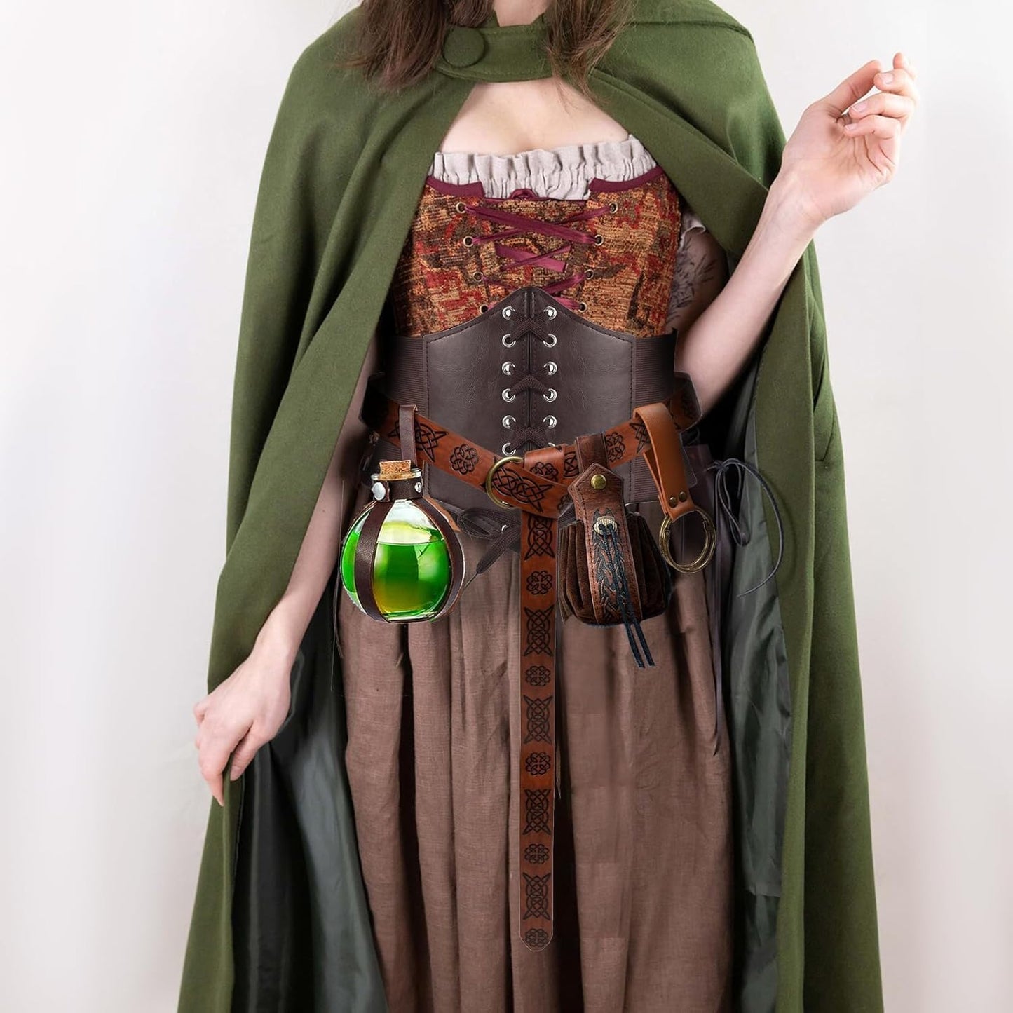 5PCS Renaissance Costume Sets Corset Waistband Belt Pouch Coin Purse Potion Bottle Vials Skirt Hike Medieval Cosplay