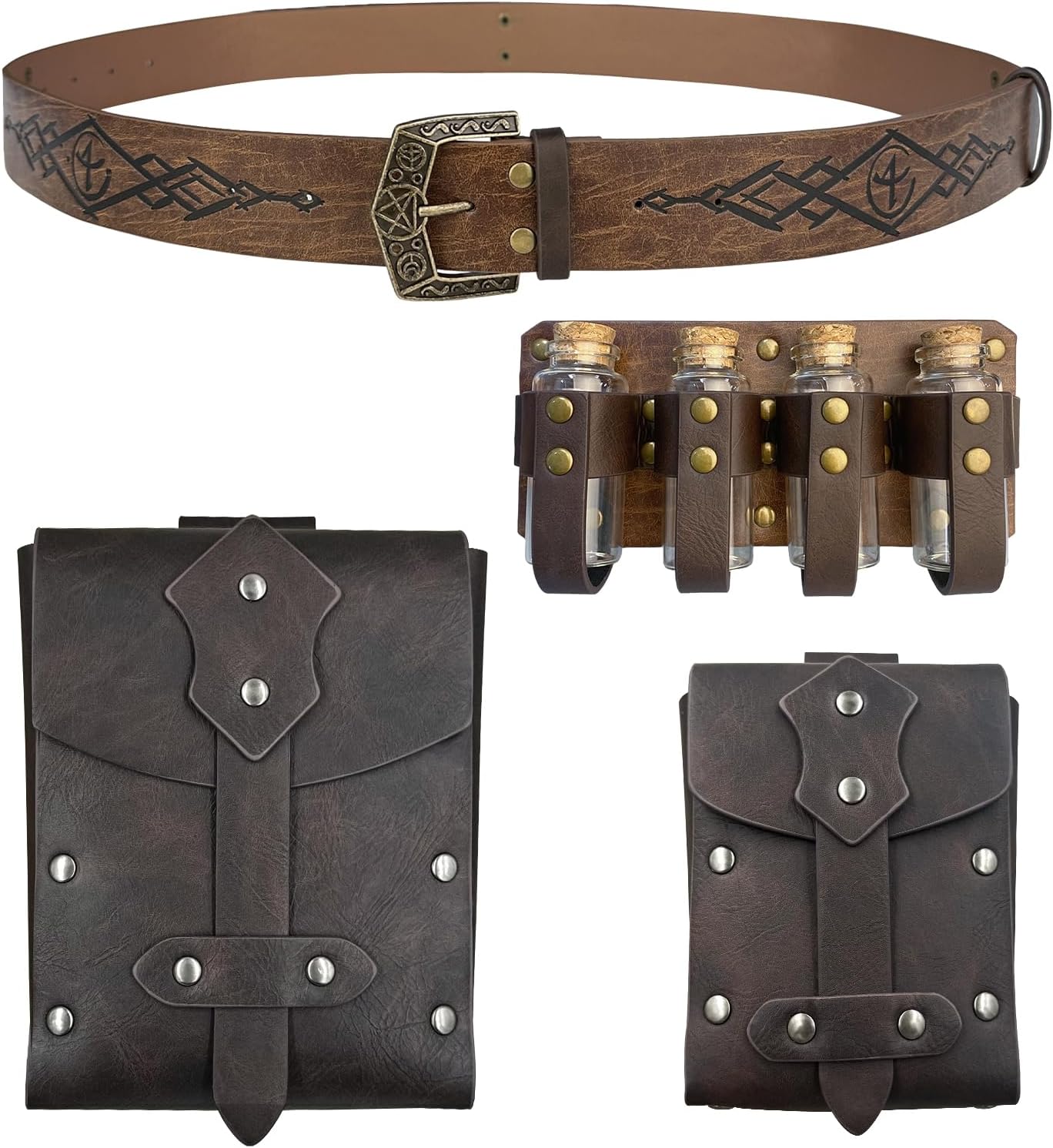 Medieval Alchemy Belt Waist Pack Combo with Multiple Potion Bottles, Viking Rivet Belt Side Pouch for Cosplay