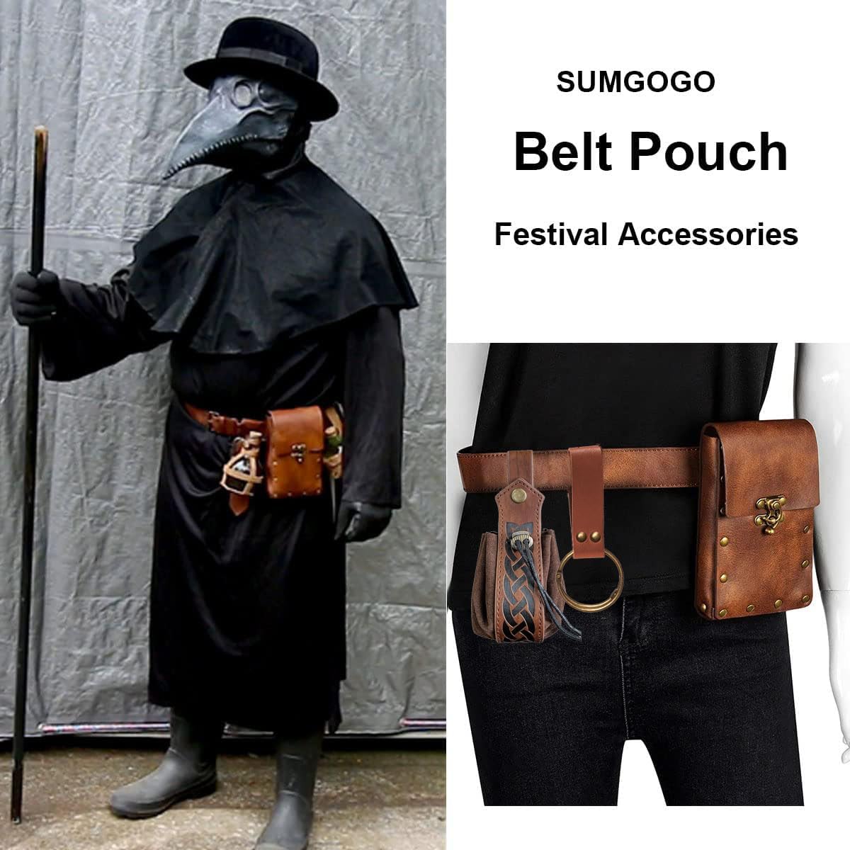 Belt Pouch Waist Bag Fanny Pack Steampunk Phone Holder Medieval Bag Leather Belt Renaissance Cosplay Costume Accessories (Tri-Black)
