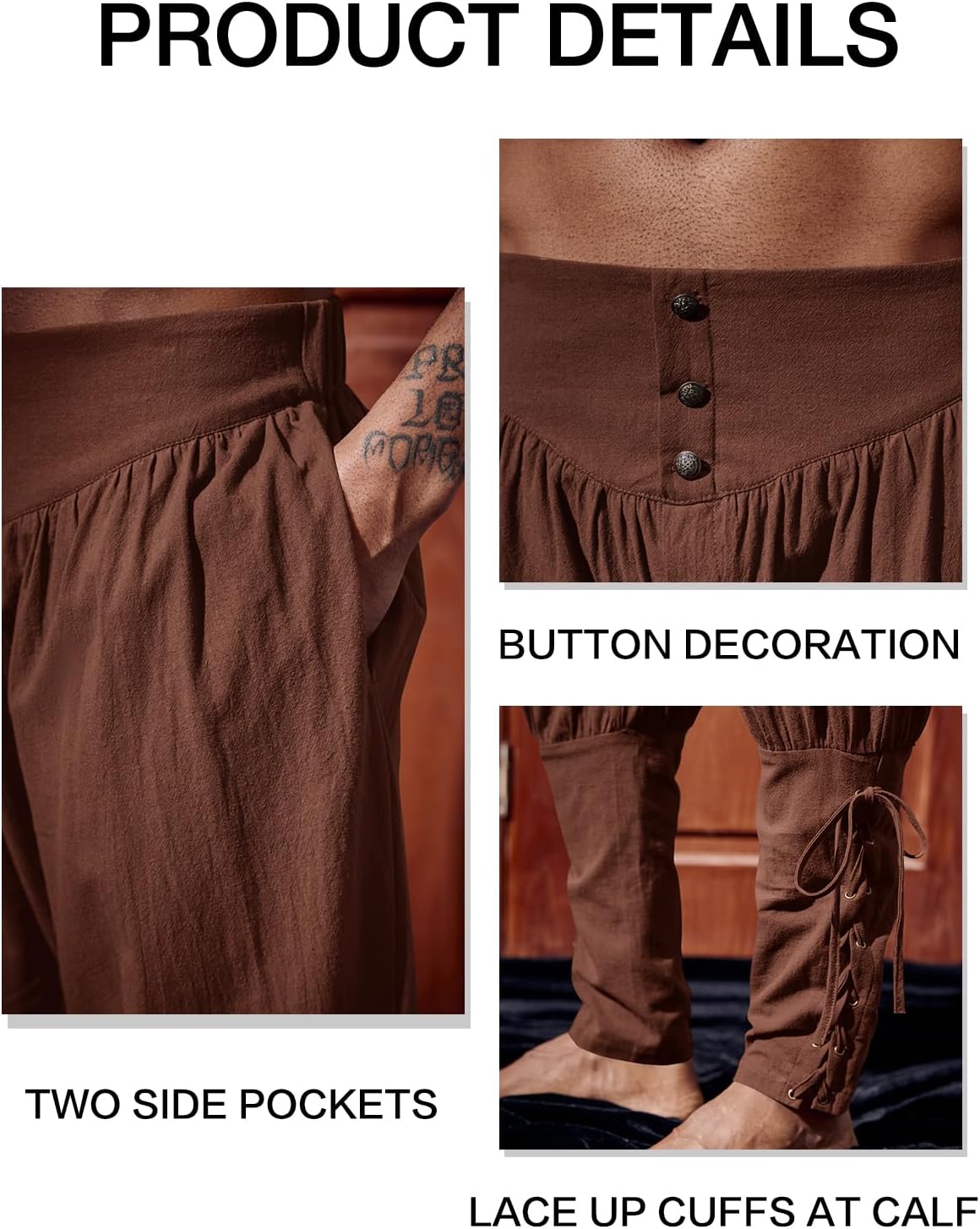 Runcati Mens Medieval Ankle Pants Renaissance Viking Pirate Lace Up Tapered Halloween Linen Costume Trousers