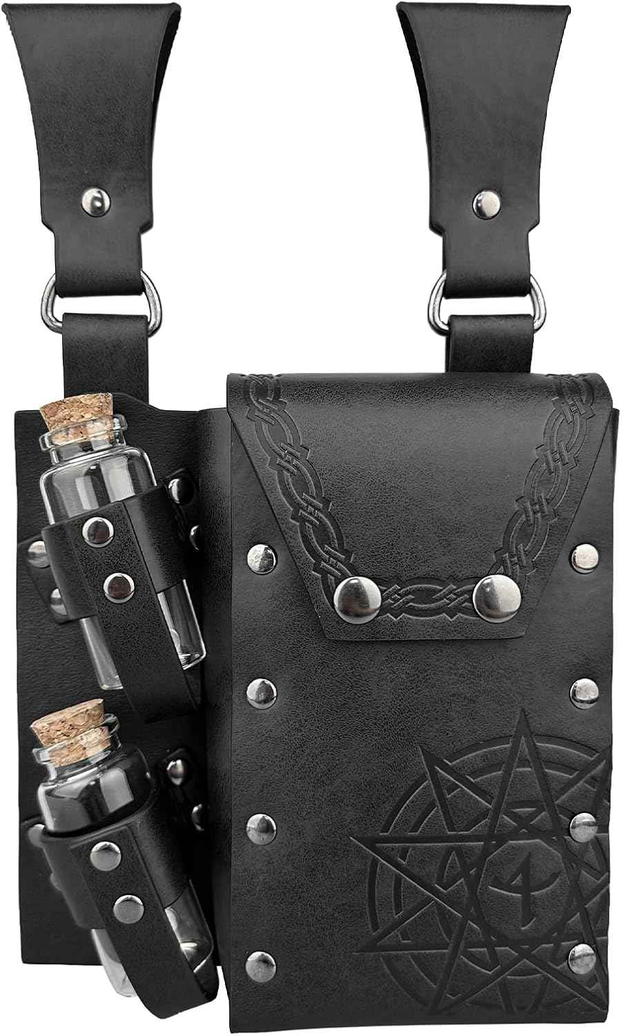 HiiFeuer Medieval Alchemy Faux Leather Belt Bag with 4 Cork Potion Vials, Fantasy Wizard Waist Pouch Side Pack for Ren Faire (Light Brown A)