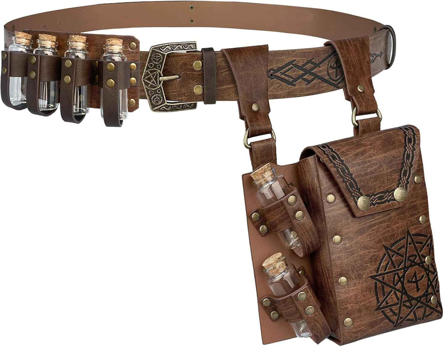 Medieval Alchemy Belt Waist Pack Combo with Multiple Potion Bottles, Viking Rivet Belt Side Pouch for Cosplay