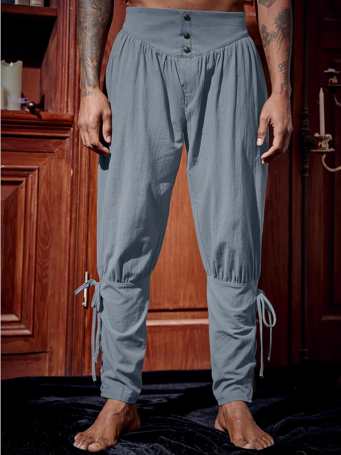Runcati Mens Medieval Ankle Pants Renaissance Viking Pirate Lace Up Tapered Halloween Linen Costume Trousers