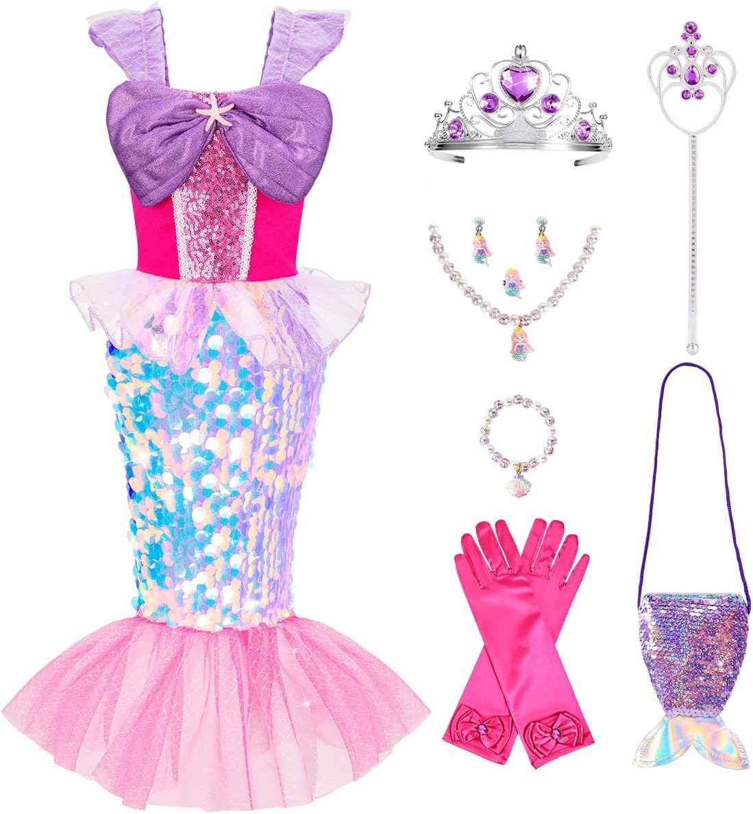 Meland Mermaid Dress - Little Mermaid Costume with Bag for Girls 3-10, Princess Dress Up for Birthday Gift, Halloween Costume