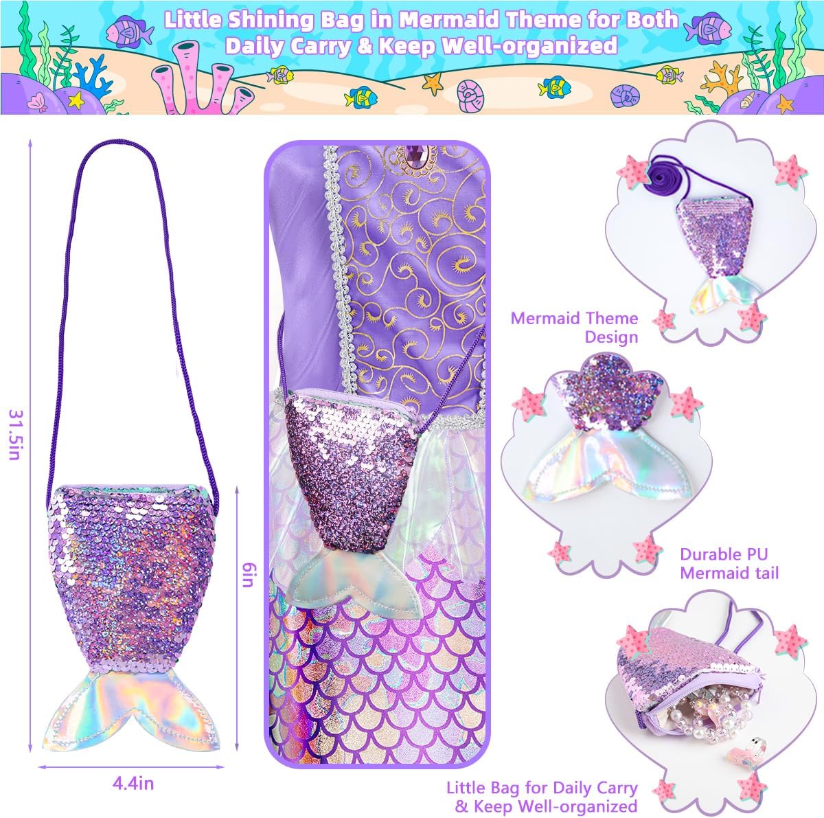Meland Mermaid Dress - Little Mermaid Costume with Bag for Girls 3-10, Princess Dress Up for Birthday Gift, Halloween Costume