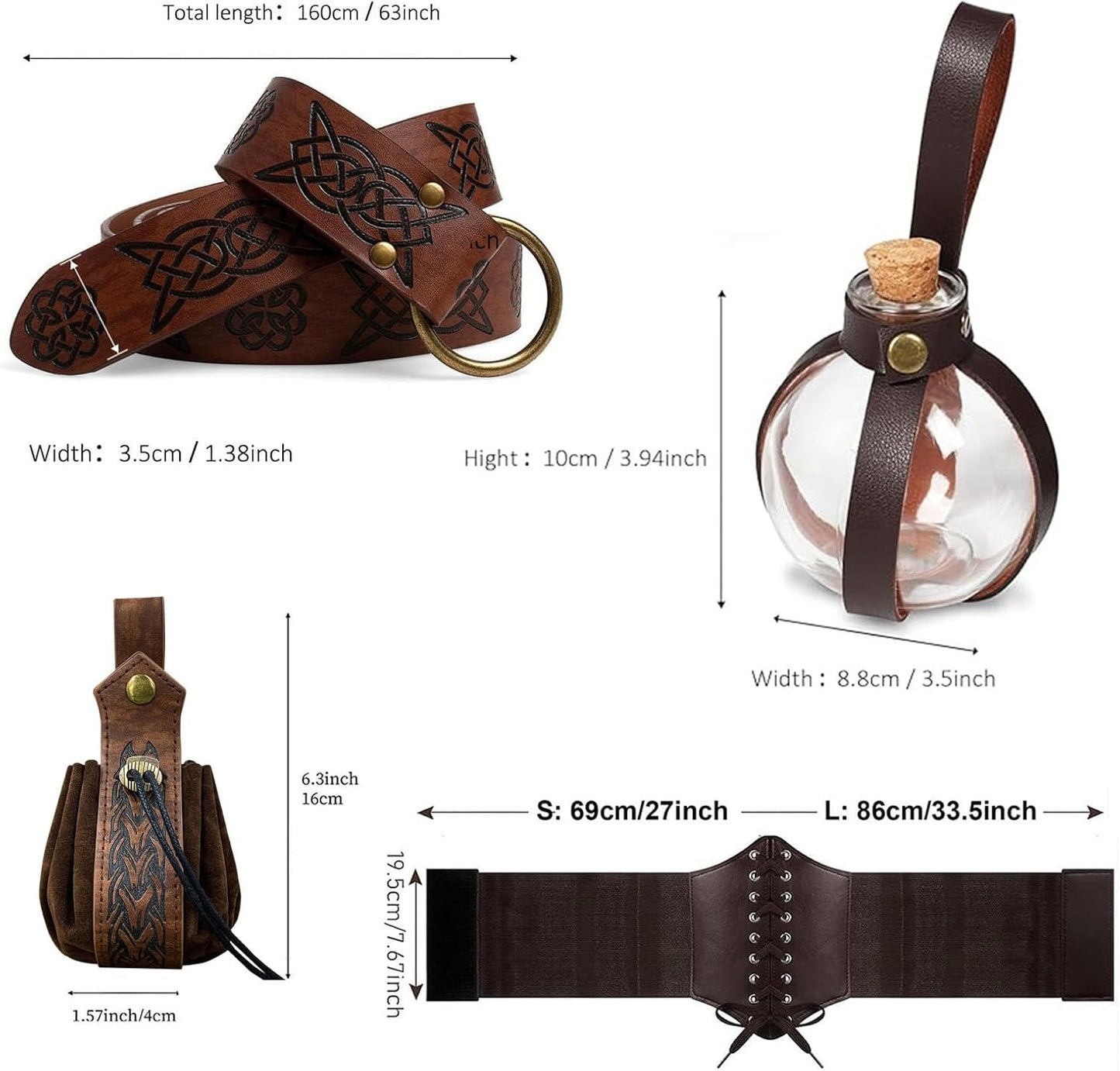 5PCS Renaissance Costume Sets Corset Waistband Belt Pouch Coin Purse Potion Bottle Vials Skirt Hike Medieval Cosplay