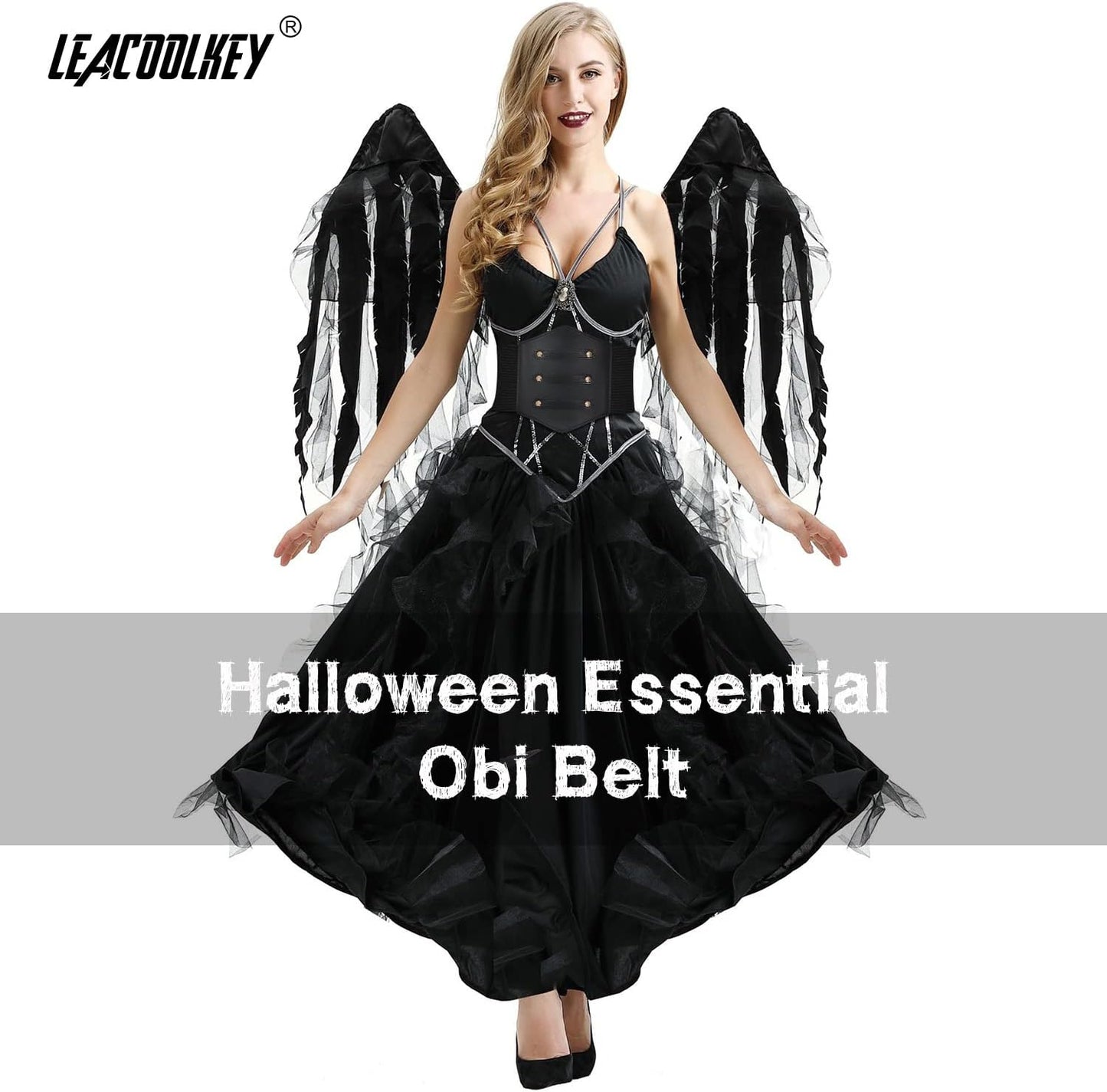 LEACOOLKEY Women Black Tied Waspie Belt, Lace-up Cinch Belt, Corset Elastic Waist Belt